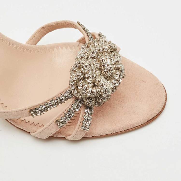 Pre Owned Giuseppe Zanotti Beige Suede Crystal Embellished Slingback Sandals Size 37