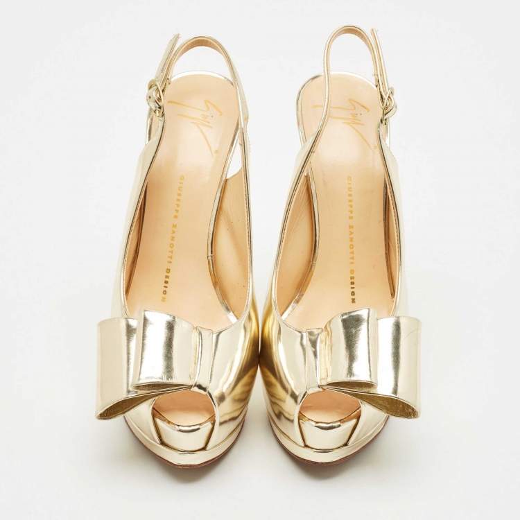 Pre Owned Giuseppe Zanotti Metallic Gold Leather Bow Platform Slingback Pumps Size 37.5