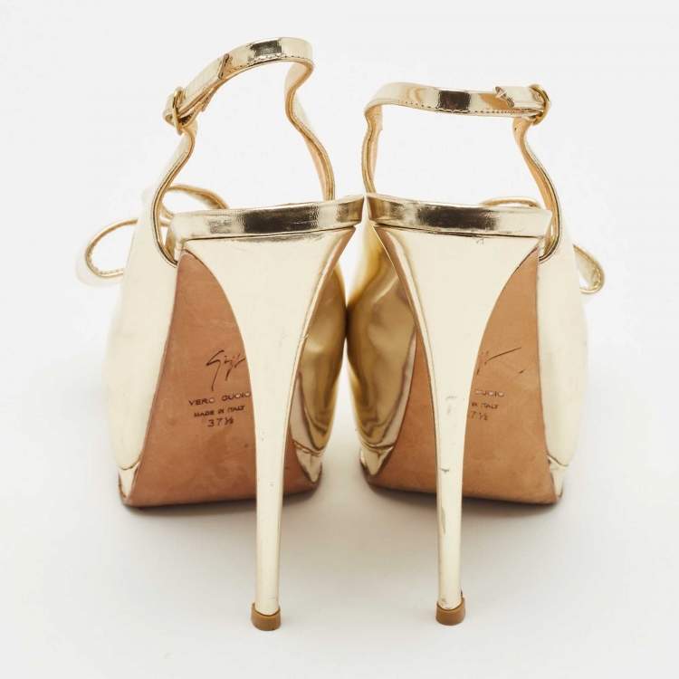 Pre Owned Giuseppe Zanotti Metallic Gold Leather Bow Platform Slingback Pumps Size 37.5