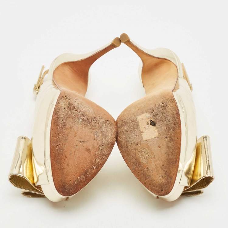Pre Owned Giuseppe Zanotti Metallic Gold Leather Bow Platform Slingback Pumps Size 37.5