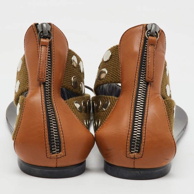 Pre Owned Giuseppe Zanotti Multicolor Studded Canvas and Leather Toe Ring Flat Sandals Size 38