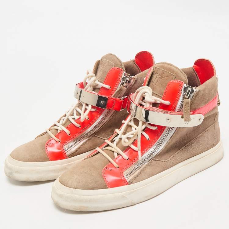 Pre Owned Giuseppe Zanotti Orange/Beige Suede And Patent Leather Coby High Top Sneakers Size 39
