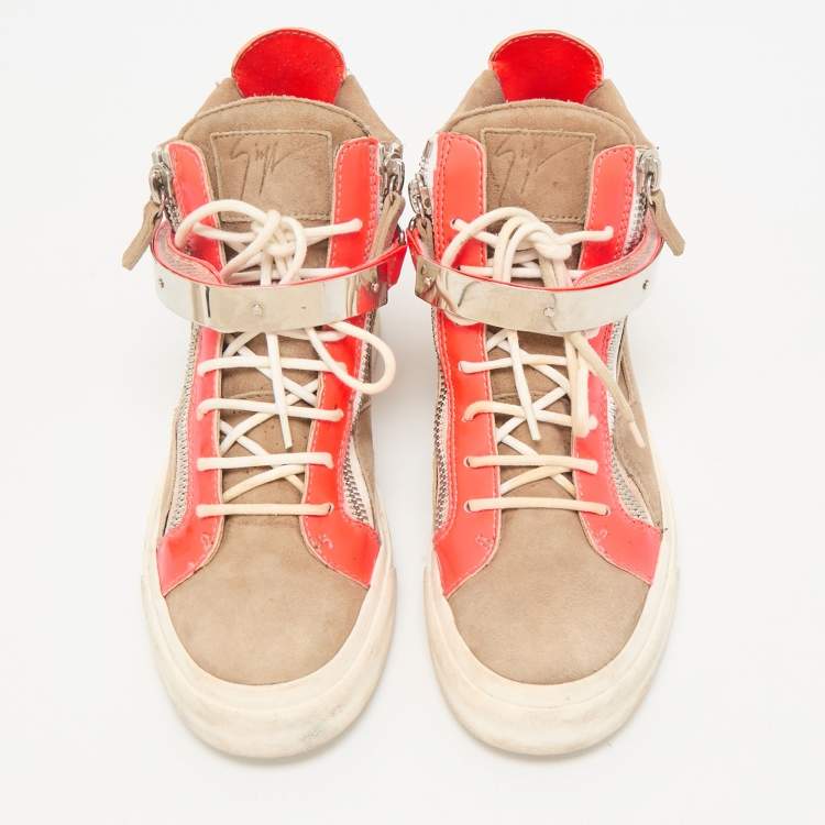 Pre Owned Giuseppe Zanotti Orange/Beige Suede And Patent Leather Coby High Top Sneakers Size 39