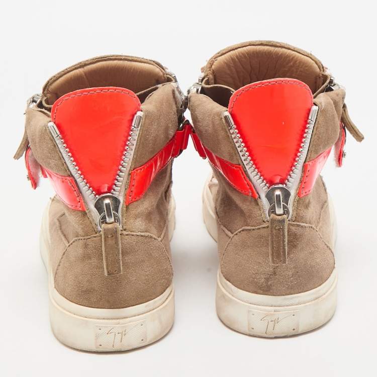 Pre Owned Giuseppe Zanotti Orange/Beige Suede And Patent Leather Coby High Top Sneakers Size 39