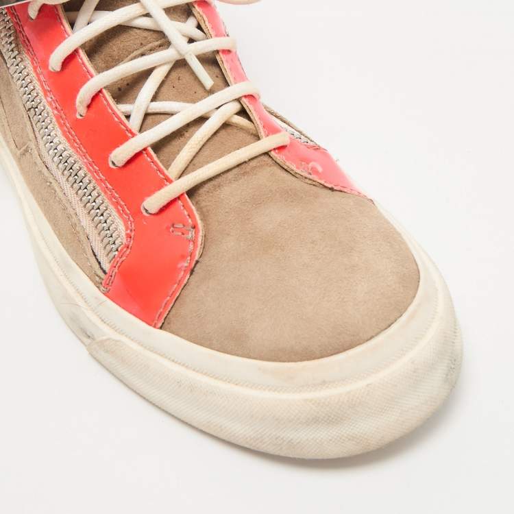 Pre Owned Giuseppe Zanotti Orange/Beige Suede And Patent Leather Coby High Top Sneakers Size 39