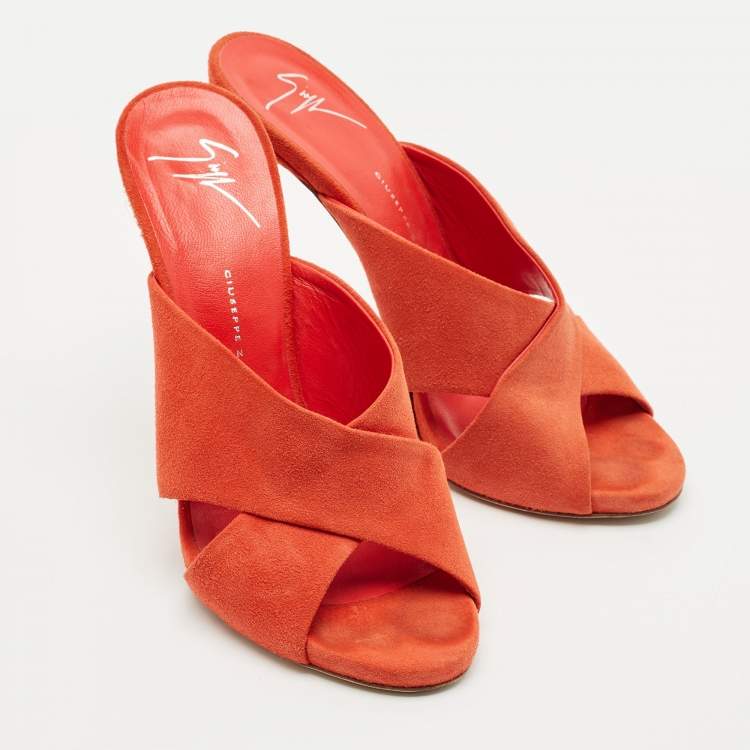 Pre Owned Giuseppe Zanotti Orange Suede Slide Sandals Size 38