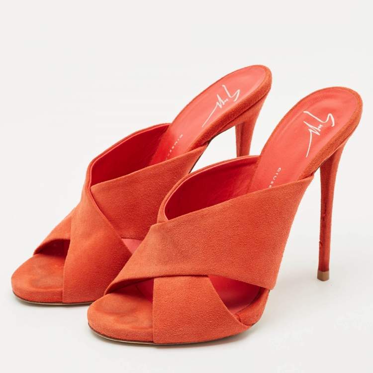 Pre Owned Giuseppe Zanotti Orange Suede Slide Sandals Size 38