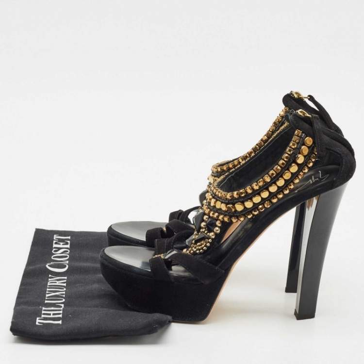 Pre Owned Giuseppe Zanotti Black Suede Embellished Platform Sandals Size 39