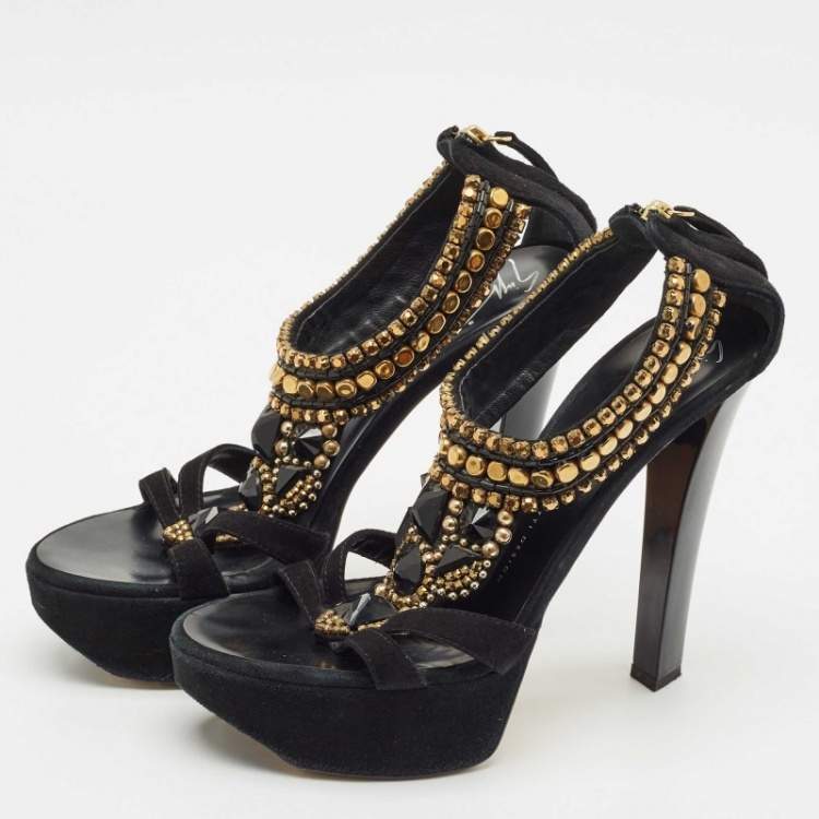 Pre Owned Giuseppe Zanotti Black Suede Embellished Platform Sandals Size 39