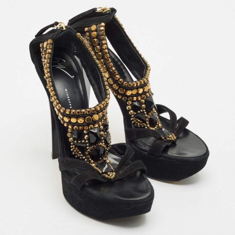 Pre Owned Giuseppe Zanotti Black Suede Embellished Platform Sandals Size 39