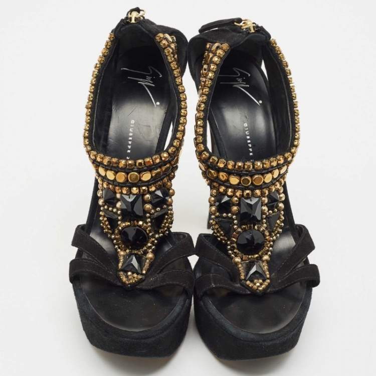 Pre Owned Giuseppe Zanotti Black Suede Embellished Platform Sandals Size 39
