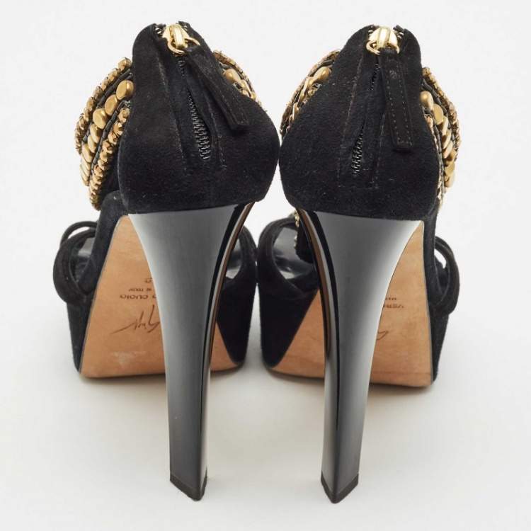 Pre Owned Giuseppe Zanotti Black Suede Embellished Platform Sandals Size 39