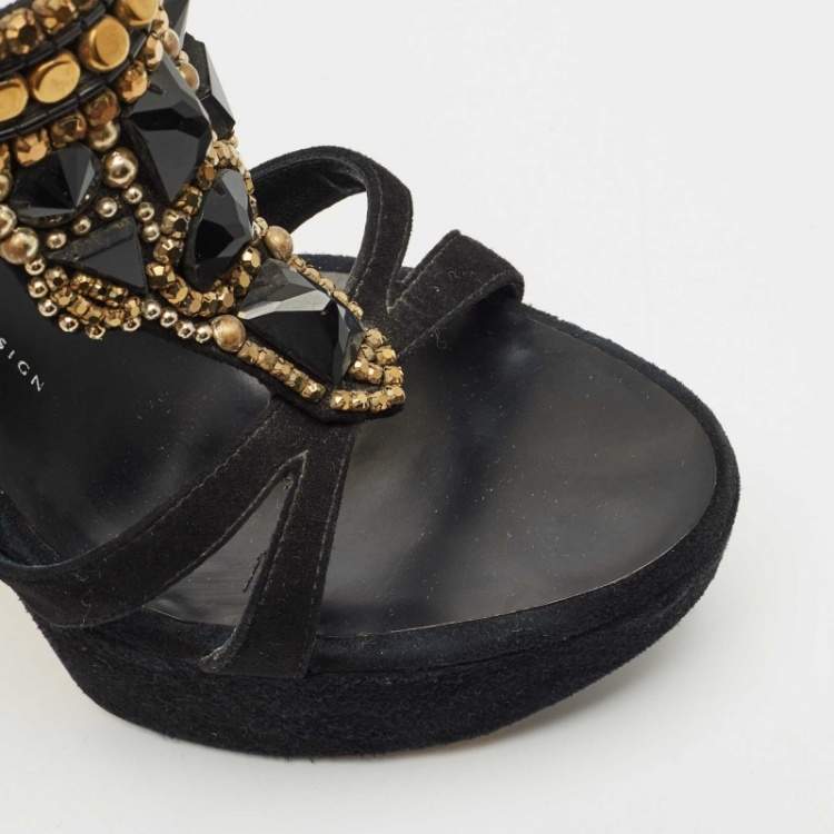 Pre Owned Giuseppe Zanotti Black Suede Embellished Platform Sandals Size 39
