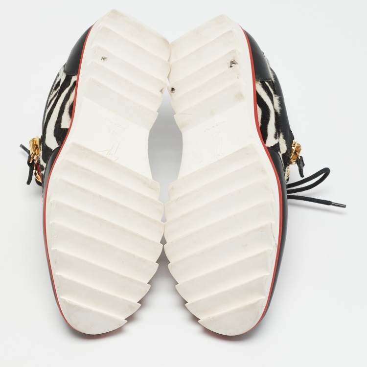 Pre Owned Giuseppe Zanotti Multicolor Zebra Print Pony Hair and Leather Lace Up Sneakers Size 42.5