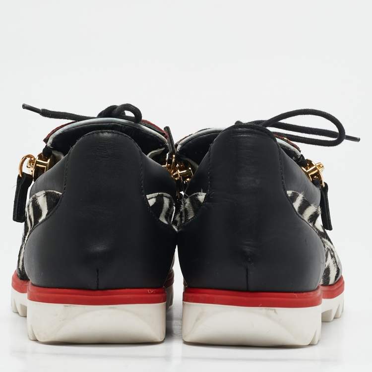 Pre Owned Giuseppe Zanotti Multicolor Zebra Print Pony Hair and Leather Lace Up Sneakers Size 42.5