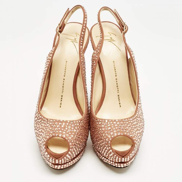 Pre Owned Giuseppe Zanotti Pink Suede Crystal Embellished Liza Peep Toe Platform Pumps Size 37.5