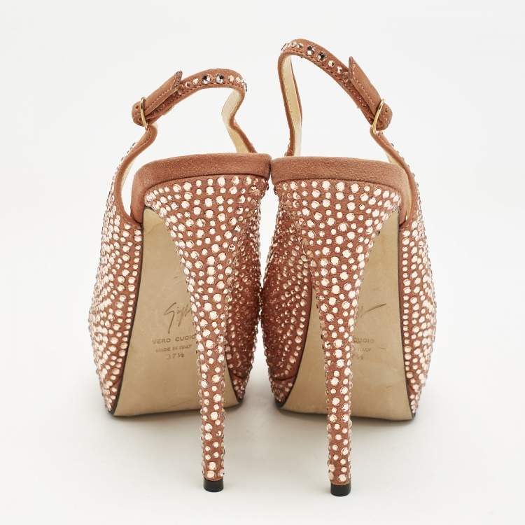 Pre Owned Giuseppe Zanotti Pink Suede Crystal Embellished Liza Peep Toe Platform Pumps Size 37.5