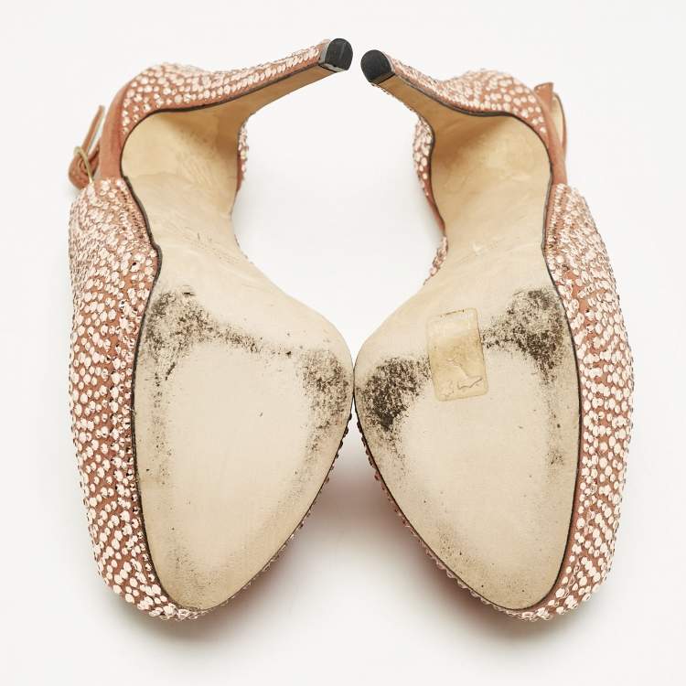 Pre Owned Giuseppe Zanotti Pink Suede Crystal Embellished Liza Peep Toe Platform Pumps Size 37.5