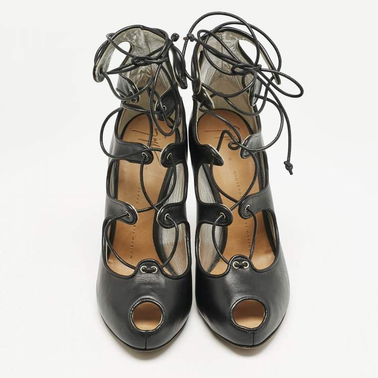 Pre Owned Giuseppe Zanotti Black Leather Lace Up Pumps Size 37.5