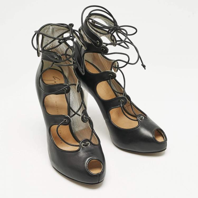 Pre Owned Giuseppe Zanotti Black Leather Lace Up Pumps Size 37.5