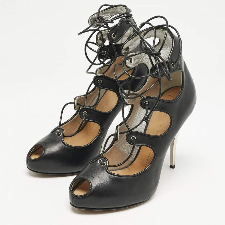 Pre Owned Giuseppe Zanotti Black Leather Lace Up Pumps Size 37.5