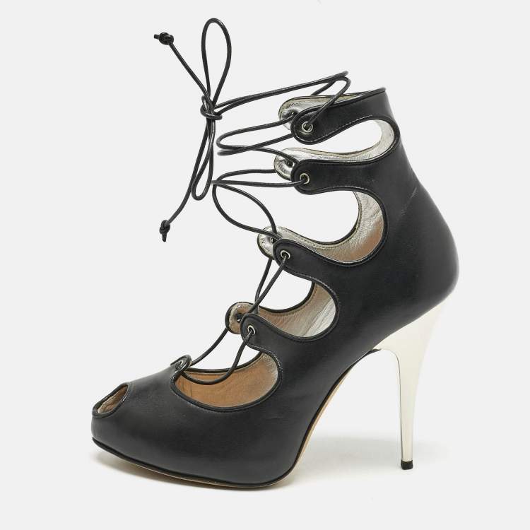 Pre Owned Giuseppe Zanotti Black Leather Lace Up Pumps Size 37.5