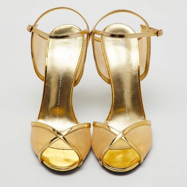 Pre Owned Giuseppe Zanotti Gold Mesh and Leather Ankle Strap Sandals Size 37