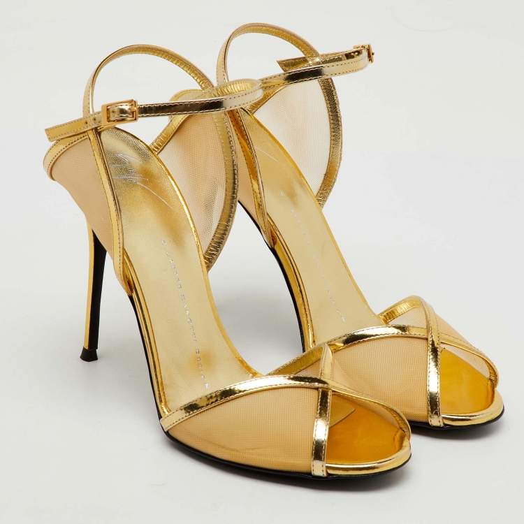 Pre Owned Giuseppe Zanotti Gold Mesh and Leather Ankle Strap Sandals Size 37