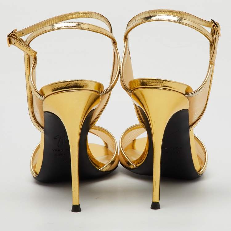 Pre Owned Giuseppe Zanotti Gold Mesh and Leather Ankle Strap Sandals Size 37