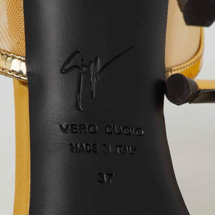 Pre Owned Giuseppe Zanotti Gold Mesh and Leather Ankle Strap Sandals Size 37