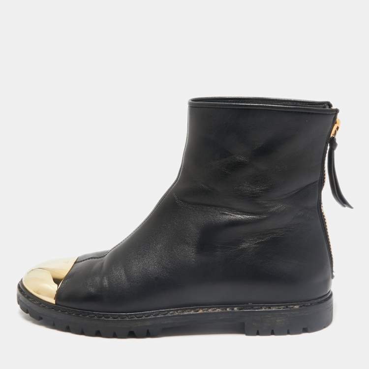 Pre Owned Giuseppe Zanotti Black/Gold Leather Metal Cap Toe Ankle Length Boots Size 38