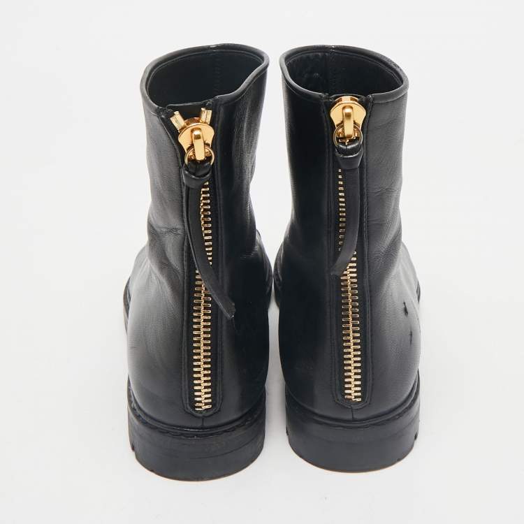 Pre Owned Giuseppe Zanotti Black/Gold Leather Metal Cap Toe Ankle Length Boots Size 38