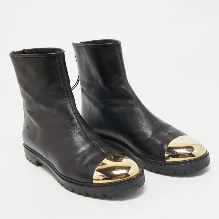 Pre Owned Giuseppe Zanotti Black/Gold Leather Metal Cap Toe Ankle Length Boots Size 38