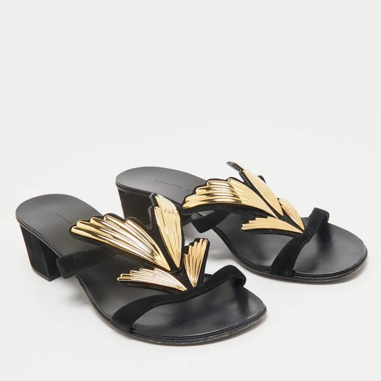 مملوكة مسبقًا Giuseppe Zanotti Black Suede Angel Wing Slide Sandals Size 36