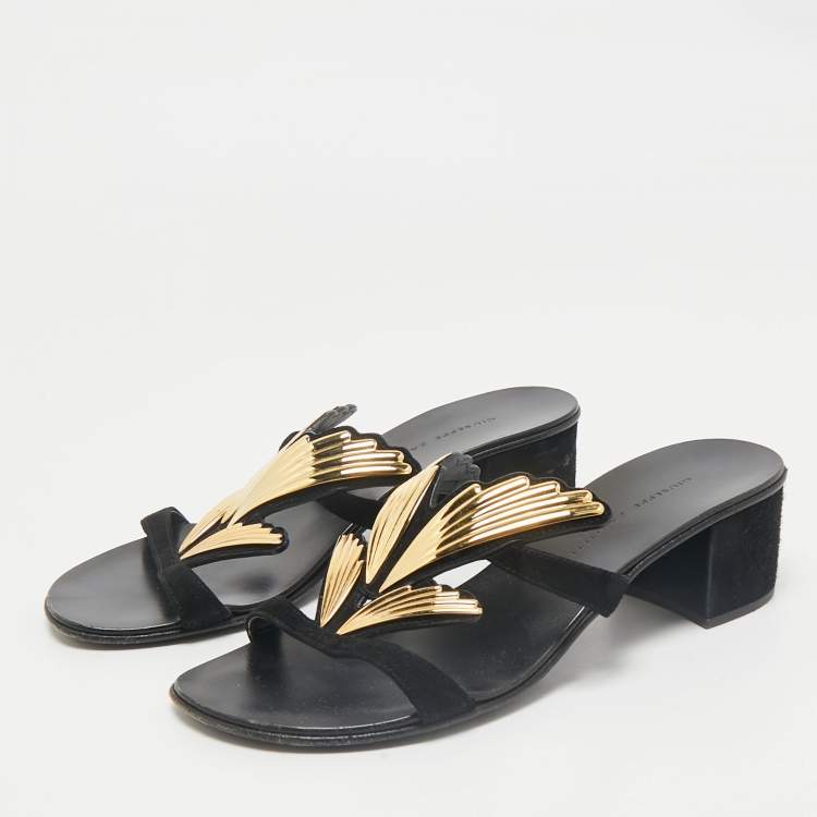 مملوكة مسبقًا Giuseppe Zanotti Black Suede Angel Wing Slide Sandals Size 36