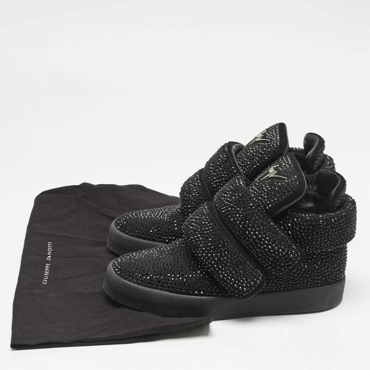 Pre Owned Giuseppe Zanotti Black Suede Crystal Embellished Puff Strap High Top Sneakers Size 42.5