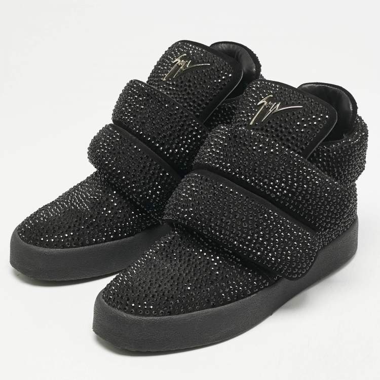 Pre Owned Giuseppe Zanotti Black Suede Crystal Embellished Puff Strap High Top Sneakers Size 42.5