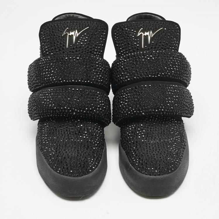 Pre Owned Giuseppe Zanotti Black Suede Crystal Embellished Puff Strap High Top Sneakers Size 42.5