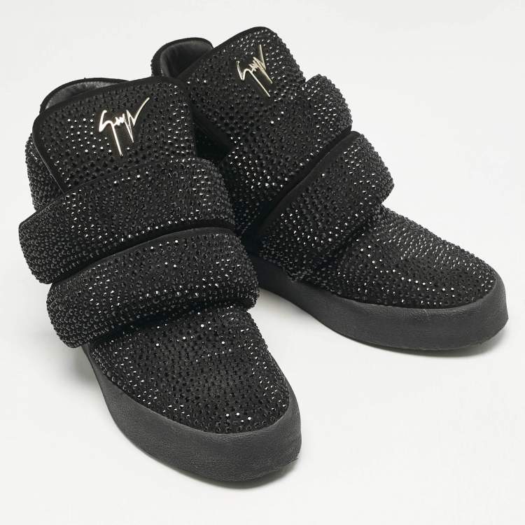 Pre Owned Giuseppe Zanotti Black Suede Crystal Embellished Puff Strap High Top Sneakers Size 42.5