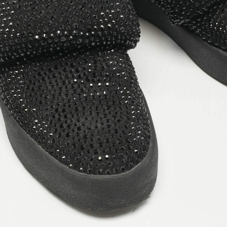 Pre Owned Giuseppe Zanotti Black Suede Crystal Embellished Puff Strap High Top Sneakers Size 42.5