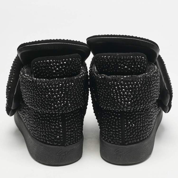 Pre Owned Giuseppe Zanotti Black Suede Crystal Embellished Puff Strap High Top Sneakers Size 42.5