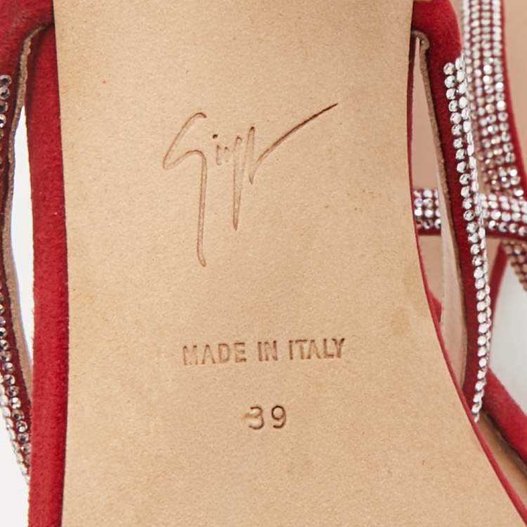 Pre Owned Giuseppe Zanotti Red Crystal Embellished Suede Strappy Sandals Size 39