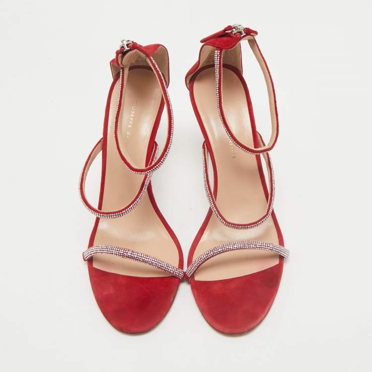 Pre Owned Giuseppe Zanotti Red Crystal Embellished Suede Strappy Sandals Size 39