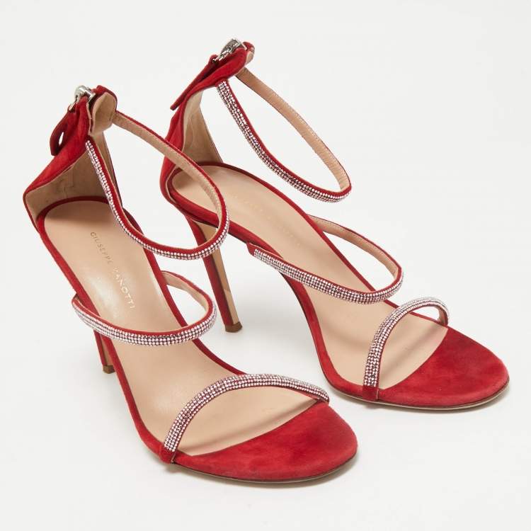 Pre Owned Giuseppe Zanotti Red Crystal Embellished Suede Strappy Sandals Size 39