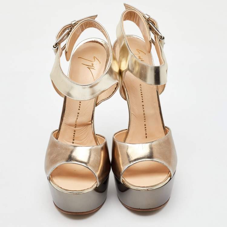 Pre Owned Giuseppe Zanotti Gold Leather Heelless Platform Ankle Strap Sandals Size 38