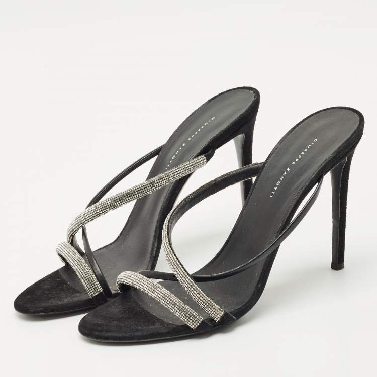 Pre Owned Giuseppe Zanotti Black Leather and Suede Crystal Embellished Slide Sandals Size 40