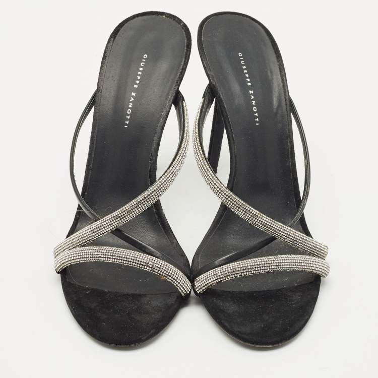 Pre Owned Giuseppe Zanotti Black Leather and Suede Crystal Embellished Slide Sandals Size 40