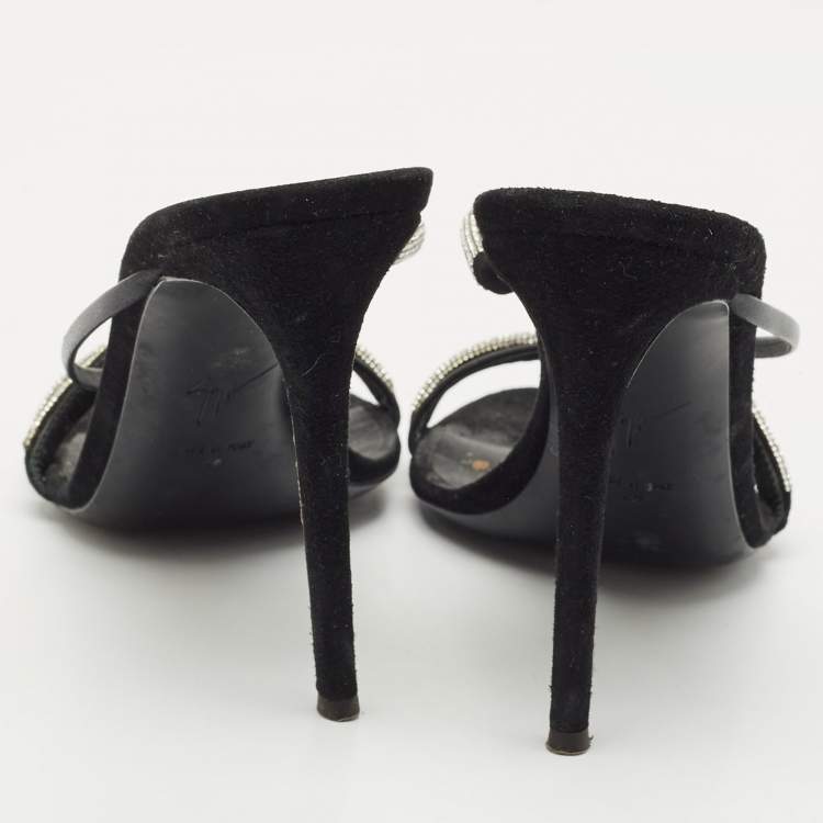 Pre Owned Giuseppe Zanotti Black Leather and Suede Crystal Embellished Slide Sandals Size 40