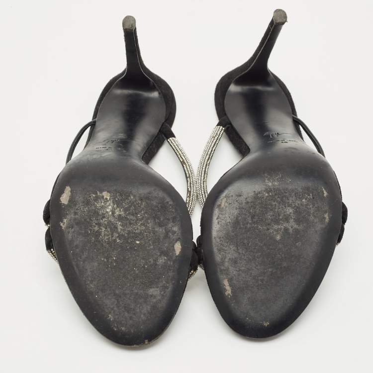 Pre Owned Giuseppe Zanotti Black Leather and Suede Crystal Embellished Slide Sandals Size 40
