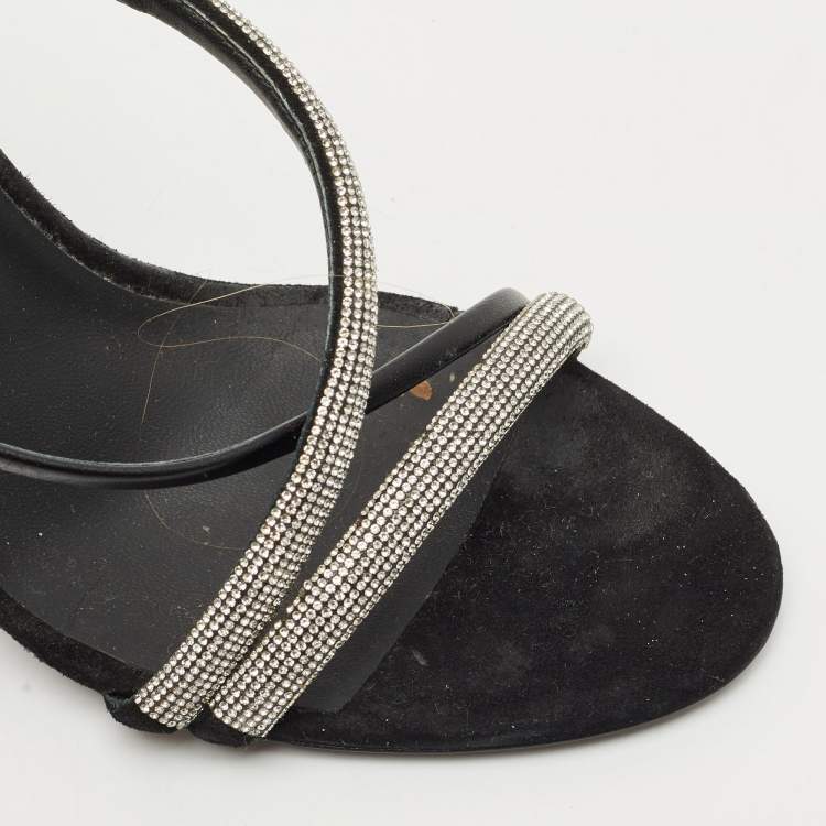 Pre Owned Giuseppe Zanotti Black Leather and Suede Crystal Embellished Slide Sandals Size 40